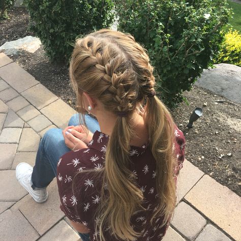 French braids. @dacialynnn French Braid Going Into Ponytail, Two Sides French Braid, Undercut French Braid, 4th Of July Hairstyles Braids, Hair Styles With French Braid, Two French Braids Hairstyle, French Braid From Front View, French Brades Hairstyles, French Braids To Ponytail