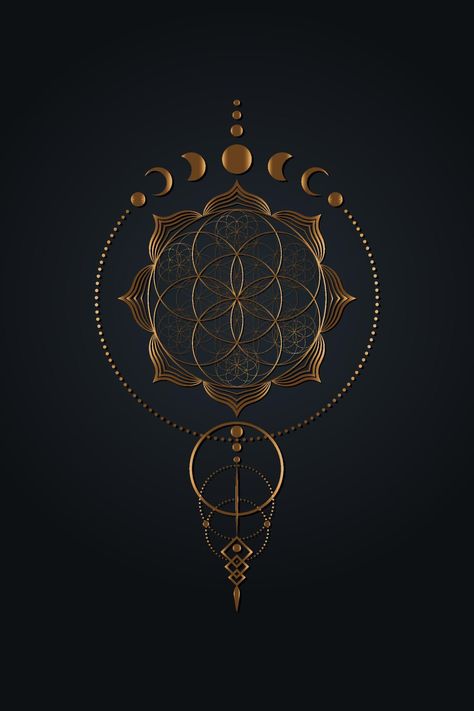 Mystical flower of life and Moon Phases, Sacred geometry. Gold Seed of life. Pagan Wiccan goddess symbol, old golden wicca banner sign, energy circles, boho style vector isolated on black background Seed Of Life Tattoo Design, Sacred Geometry Nail Art, Seed Of Life Symbol, Seed Of Life Art, Sacred Geometry Wall Art, Flower Of Life Tattoo Women, Sacred Geometry Tattoo Women, Flower Of Life Wallpaper, Alchemy Symbols Sacred Geometry