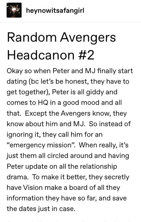 Add my tumblr @heynowitsafangirl and let’s chat! #marvel #avengers #headcanon Marvel Headcanon Funny, Marvel Headcanon Spiderman, Domestic Avengers Headcanons, Superfamily Avengers Headcanons, Spiderman Headcanon, Mcu Headcanon, Ironstrange Headcanons, Loki Headcanon, Funny Headcanons