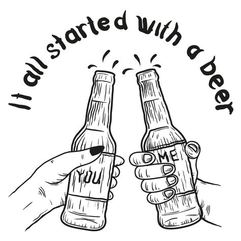 It all started with a beer #beer #alcohol Beer Pong Tattoo, Alcohol Doodles, Alcohol Tattoo, Beer Doodle, Beer Drawing, Beer Bottle Art, Beer Tattoos, Couples Doodles, Partner Tattoos