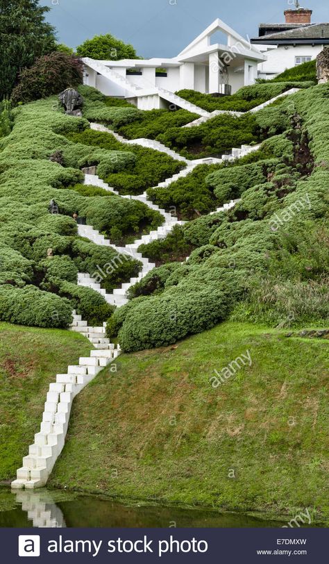 The Garden of Cosmic Speculation, Dumfries, Scotland, Charles Jencks and Maggie Keswick. The Universe Cascade Stock Photo Garden Of Cosmic Speculation, Hillside Garden, Garden Stairs, Garden Steps, Exterior Stone, Garden Pathway, Stairway To Heaven, Under Stairs, Staircases