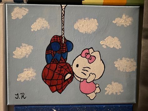 Hello Kitty X Spiderman, Couples Art Project, Multi Canvas Painting, Couples Canvas Painting, Halloween Canvas Art, Easy Graffiti Drawings, Canvas Art Painting Abstract, Disney Canvas Art, Sky Art Painting