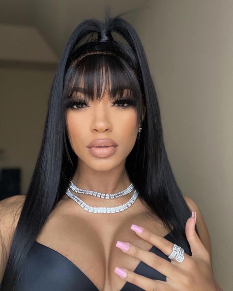 Ponytail Wig With Bangs, Jet Black With Bangs, Lace Front Hairstyles With Bangs, Hair Ponytail Styles With Bangs, Side Part With Bangs Jt, Wig With Bangs Hairstyles, Wig Hairstyles Bangs, Chinese Bangs With Ponytail, 360 Lace Frontal Wig Ponytail With Bang