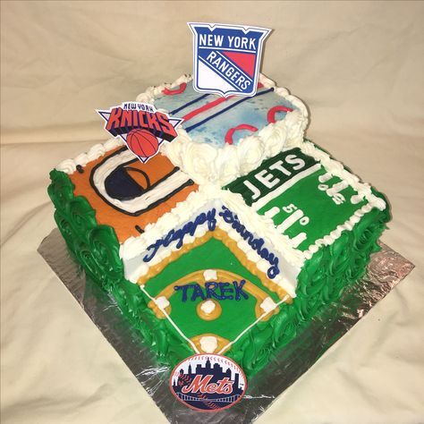 NY Mets Jets Knicks Rangers multi sports birthday cake by Inphinity Designs. Please like my FaceBook page  Inphinity Designs by Kandy Lloyd to order. Located in San Antonio, Tx. Multi Sports Cake, Sports Birthday Cake, Sports Birthday Cakes, Sports Cake, Team Theme, Bday Party Kids, Sports Theme Birthday, Sport Cakes, Specialty Cake