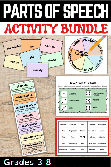 Help students master Parts of Speech with this activity bundle. Kids can trade word cards, then use them to grow simple sentences or build new sentences, sort words by part of speech, spin a part of speech spinner or roll a die in order to generate a word bank, or play Bingo. This bundle includes: printable part of speech word cards in both color and black & white, a quick-reference bookmark helper, worksheets, and game boards. It's everything you need to review and practice the parts of speech. Parts Of Speech Activity, 3rd Grade Games, Parts Of Speech Activities, Sentence Building, Nouns And Adjectives, Speech Activities, Word Building, Game Boards, Simple Sentences