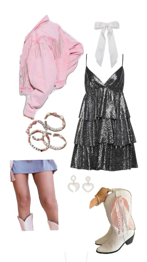 Collage with black sparkly dress, pink denim jacket, pearl heart earrings, white bow, colorful friendship bracelets, diamond tights Eras Tour Outfits Reputation, Inspo Collage, Eras Tour Outfits, Eras Tour Outfit, Tour Outfits, Eras Tour, Collage, Concert, Outfit Inspo