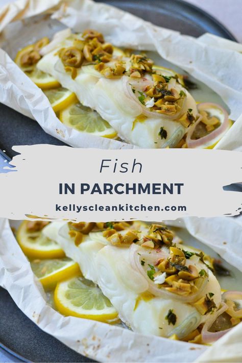 Fish in Parchment Paper | Healthy Personal Chef | This is one of my favorite ways to prepare fish because the steam makes it moist and the flavors harmonize and flavor the fish. See tons of seafood ideas, seafood ideas for dinner, parchment steamed fish, parchment paper fish recipes, and baked fish in parchment paper. If you are looking for more fish recipes head to kellyscleankichen.com White Fish Foil Packets For The Oven, Parchment Baked Fish, Fish For One Person, White Fish In Parchment Paper Recipes, Parchment Fish Packets, Cod Cooked In Parchment Paper, Parchment Paper Fish Recipes, Baked Fish In Parchment Paper, Cod In Parchment Paper Recipe