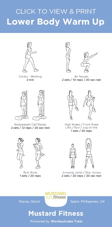 Lower Body Warm Up – free illustrated workout by Stacey Quick at Mustard Fitness. View and download as a printable PDF via WorkoutLabs Train. #WorkoutlabsTrain #customworkout Leg Warmups Before Workout, Lower Body Warmup, Leg Workout Warm Up, Leg Day Warmup, Lower Body Warm Up Routine, Leg Warm Up Exercises, Lower Body Warm Up, Cardio Warm Up, Leg Day Warm Up