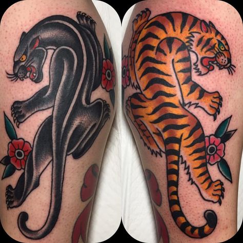 Andrew Mcleod en Instagram: “Kylie Maree's Panther and tiger together” Traditional Panther, Traditional Tiger Tattoo, Traditional Panther Tattoo, Tattoo Perna, Japanese Tiger Tattoo, Tiger Tattoos, Jaguar Tattoo, Leopard Tattoos, Panther Tattoo