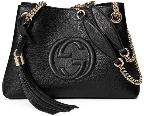 Gucci Soho Small Leather Tote Bag w/ Chain Straps, Black and tassel.  So Classic and gorgeous! Gucci Soho Bag, Gucci Soho, Gucci Purses, Gucci Tote Bag, Leather Tote Purse, Genuine Leather Totes, Black Leather Tote, Leather Handbags Tote, Handbag Black