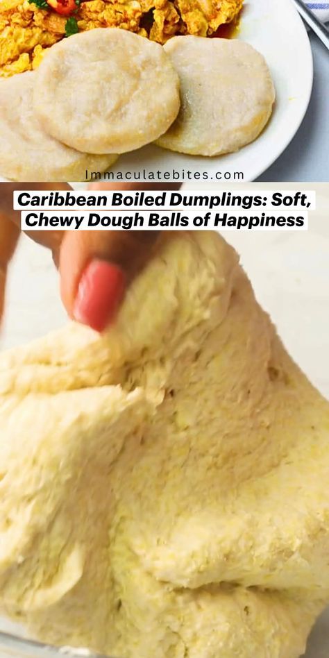 Caribbean Boiled Dumplings, essential to any Jamaican meal. Made with simple ingredients like flour, cornmeal, and water, they are boiled or fried to perfection. Perfect with stews and soups! Cornmeal Dumplings Recipe, Food Jamaican, Boiled Dumplings, African Meals, Vacation Recipes, Gluten Free Dumplings, Stews And Soups, Trini Food, Frozen Dumplings