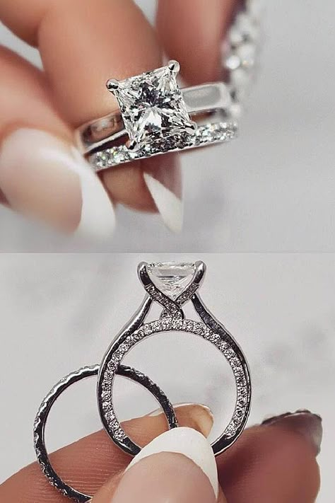 Engagement Rings Pave Band, Engagement Rings Pave, Pave Band Engagement Ring, Blue Diamond Engagement Ring, Princess Cut Engagement, Engagement Rings Princess, Diamond Ring Princess Cut, Flower Engagement Ring, Princess Cut Engagement Rings