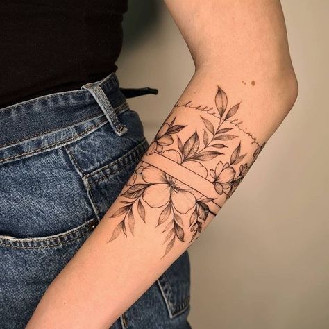 Womens Dainty Sleeve Tattoo, Half Sleeve Ideas For Women Forearm, Feminine Half Sleeve Tattoo Lower Arm, Middle Of Arm Tattoo, Tattoo Arm Bands For Women, Bicep Women Tattoo, Tattoo Arm Women Sleeve, Floral Arm Band Tattoo For Women, Forearm Tattoo Feminine