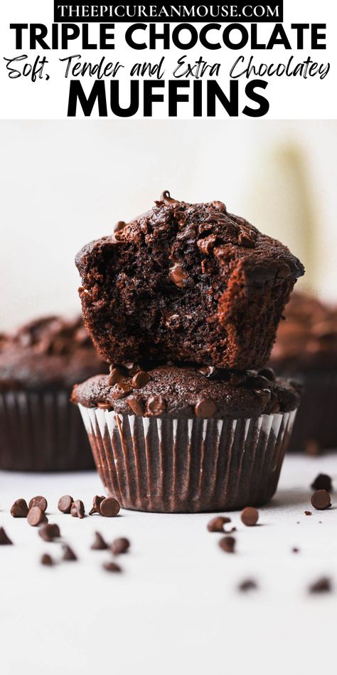 These triple chocolate muffins are moist, decadent and packed with chocolatey flavor. Melted chocolate, cocoa powder and chocolate chips make these muffins a chocolate lovers dream. Chocolate Donut Muffins, Coffee Chocolate Muffins, Olympic Chocolate Muffin Recipe, Olympic Chocolate Muffin, Chocolate Blueberry Muffins, Chocolate Chocolate Chip Muffins, Event Desserts, Triple Chocolate Muffins, Homemade Breakfast Recipes