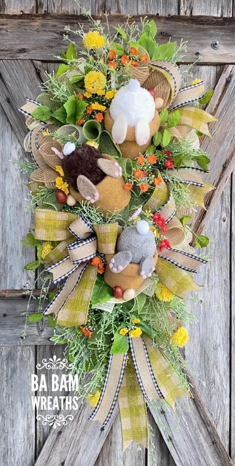 Easter Wreath Diy Dollar Stores, Swag Wreaths, Easter Wreath Craft, Business Crafts, Bunny Decorations, Door Swags, Easter Swags, Swag Ideas, Summer Decorations