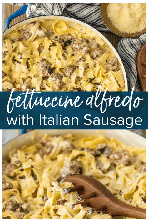 This SAUSAGE ALFREDO recipe is a tasty mix of classic Fettuccine Alfredo and spicy Italian Sausage. A lot of fettuccine recipes feature chicken or seafood, but there just aren't enough Sausage Pasta Recipes out there. This Italian Sausage Pasta recipe is the perfect pasta dish for your next dinner! #alfredo #fettuccini #pasta #italian #thecookierookie #sausage #creamy #pasta via @beckygallhardin Alfredo With Italian Sausage, Creamy One Pot Spaghetti With Italian Sausage, Sausage And Fettuccine, Sweet Sausage Recipes, Ground Italian Sausage Recipes, Sweet Italian Sausage Recipes, Alfredo With Sausage, Italian Sausage Recipes Pasta, Sausage Alfredo Pasta