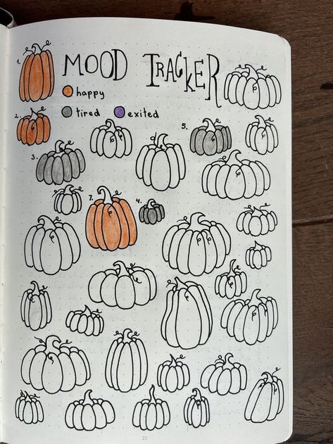 Mood Tracker Ideas October, September Bujo Mood Tracker, Oct Bullet Journal, Fall Notebook Ideas, Mood Tracker Journal Ideas, Fall Mood Tracker Bullet Journal, Halloween Journal Pages, Pumpkin Mood Tracker, September Bullet Journal Mood Tracker