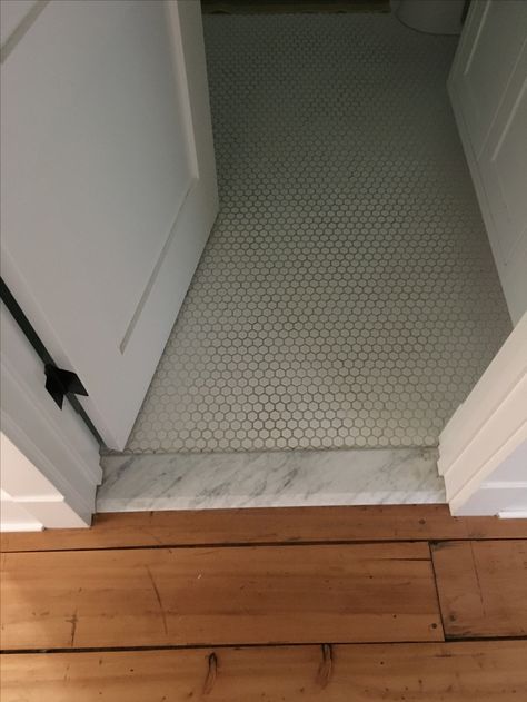 Wood Floor Doorway Transition, Flooring Threshold Transition, Floor Threshold Transition, Stone Threshold Entrance, Marble Threshold Bathroom, Door Threshold Ideas Interior, Bathroom Door Threshold, Marble Door Threshold, Marble Transition Strip