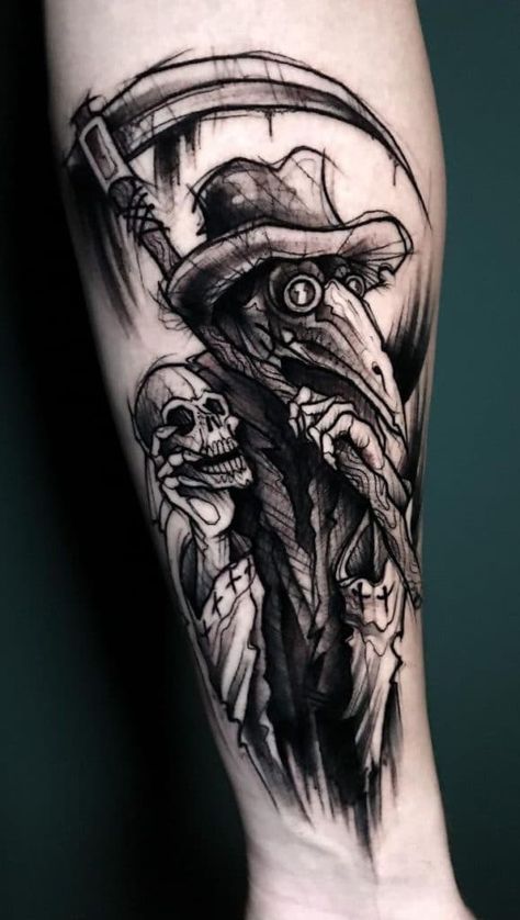 Scary Arm Tattoos, Dark Tattoo Filler, Black And Grey Horror Tattoo, Pleg Doctor Tattoos, Dark Creepy Tattoos, Hand Tattoos For Men Ideas Design, Macabre Tattoo Ideas, Dark Forearm Tattoo, Purgatory Tattoo