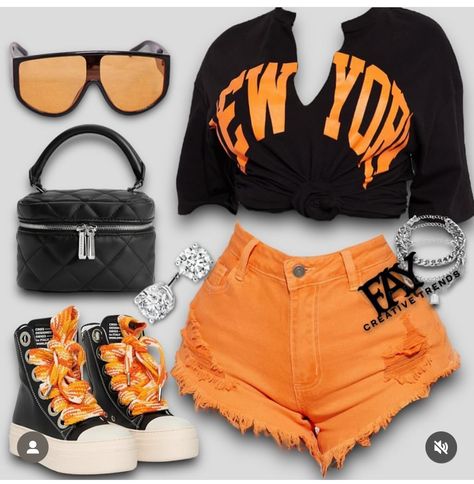 Swag Birthday Outfits, Orange Rick Owens Outfit Black Women, Orange Birthday Outfit, Cute Swag Outfits Summer, Baddie Outfits With Rick Owens, Orange Shorts For Streetwear Summer Style, Orange And Black Outfit Baddie, Orange Shorts For Summer Streetwear, Baddie Orange Outfits