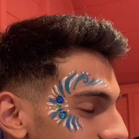 Mens Face Paint, Glitter Face Makeup, Neon Face Paint, Blue Face Paint, Festival Face Jewels, Glitter Face Paint, Music Festival Makeup, Festival Face Paint, Festival Makeup Rave