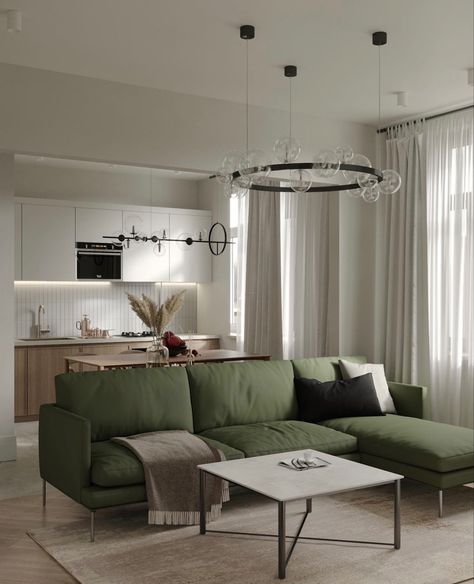 Light Green Sofa Living Room Ideas, Grey Green Living Room, Small Parisian Apartment, Small Apartment Floor Plans, Living Room Upstairs, Practical Home Decor, Green Sofa Living Room, Interior Design Principles, Appartment Decor