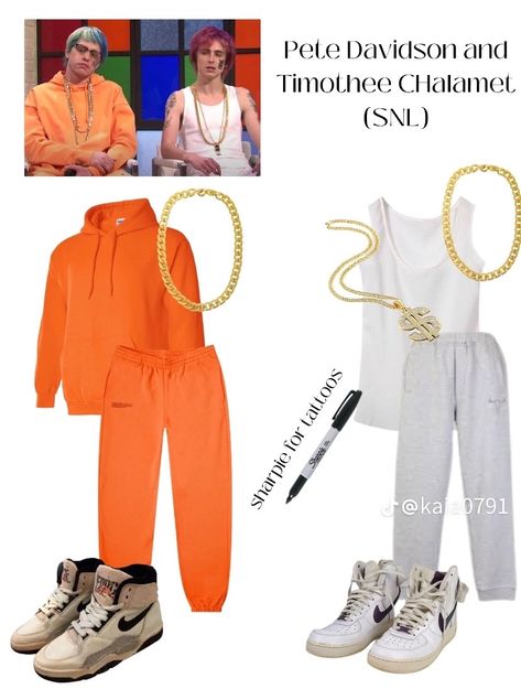 Celeb Costumes Ideas, Celebrity Outfits Spirit Week Ideas, Bet Ideas, Pete Davidson Costume, Halloween Costume With Sweatpants, Timothee Chalamet Halloween Costume, Favorite Celebrity Spirit Week, Movie Star Day Spirit Week, Funny Niche Halloween Costumes