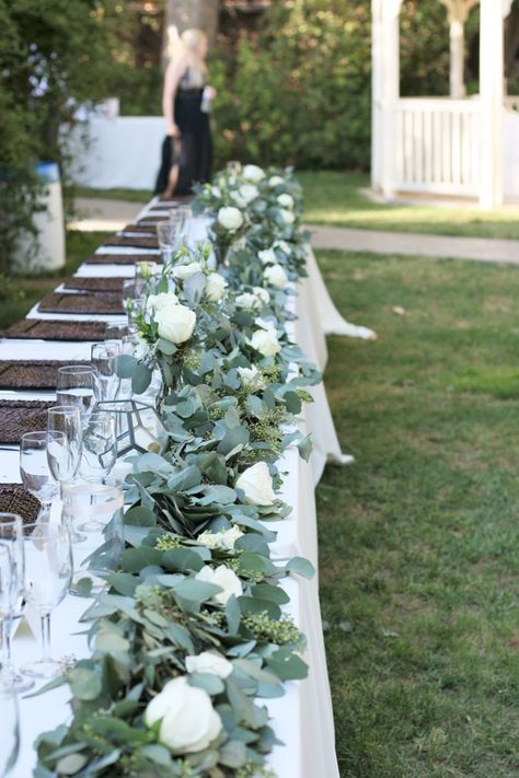 Fleurie Flowers, Reedley, California - Head Table with a garland of foliages and white roses Lilac Wedding Bouquet, Head Table Decor, Table Rose, Table Garland, Head Table Wedding, Lilac Wedding, Bridal Table, Greenery Garland, Flower Studio