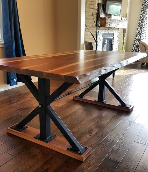 Live Edge Walnut Dining Table, Metal Base Dining Table, Steel Table Base, Welded Furniture, Wood Table Legs, Wood Table Design, Steel Dining Table, Steel Table Legs, Industrial Design Furniture