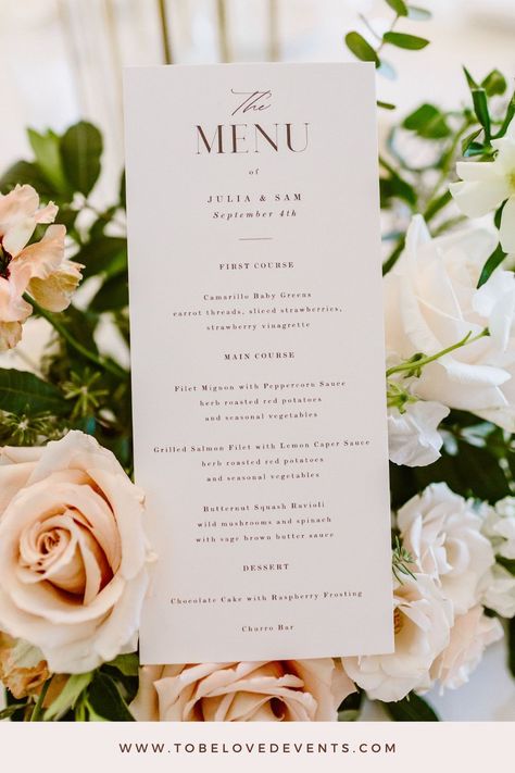 Are you looking for the perfect wedding menu inspiration? This menu is sure to impress your guests. Featuring gourmet dishes like Filet Mignon and Grilled Salmon, it’s as delicious as it is elegant. The seasonal design is perfect for a romantic celebration. If you’re dreaming of a fall wedding filled with stylish details and inspiring ideas, this menu is for you.  Check out my website for more wedding menu design ideas!   Photo credit: Nicole Catherine Photography Menu Design Ideas, Wedding Menu Design, Wedding Menus Design, Gourmet Dishes, Lemon Caper Sauce, Raspberry Frosting, Elegant Wedding Menu, Brown Butter Sauce, Peppercorn Sauce