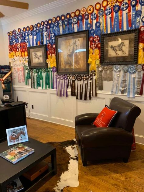 Horse Trophy Display Ideas, Dog Show Ribbon Display Ideas, Horse Ribbons Display Ideas, Persona Moodboard, Award Ribbon Display, Horse Ribbon Display, Show Ribbon Display, Equine Decor, Horse Room Decor