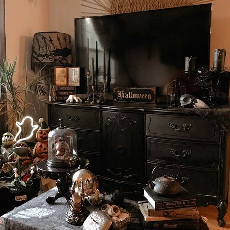 🕷Taylor🕷 on Instagram: “Living room vibes ✨🖤 • • • • • • • • • • • #witchesofinstagram #halloween #halloweendecor #spooky #spookyqueen #halloweeneveryday #spoopy…” French Gothic Decor, Goth Dresser, Gothic Dresser, Living Room Vibes, Gothic Homes, French Dresser, Gothic Bedroom, Room Vibes, Dark Home Decor