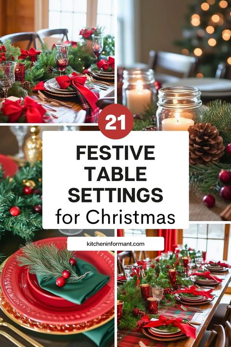 21 Festive Table Settings for Your Christmas Kitchen Graphic. Traditional Xmas Table Settings, Christmas Table Settings Red Plates, Small Christmas Dinner Table, Christmas Setup Table, Christmas Picnic Ideas Table Settings, Hester And Cook Table Settings, Dinner Table Setting With Food, Christmas Table Settings Elegant Red, Table Setting For Christmas Dinner