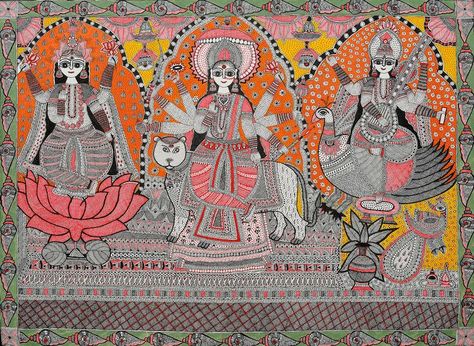 Lakshmi, Durga, and Saraswati Durga Lakshmi Saraswati, Madhubani Designs, Jay Swaminarayan, Painting On Hand, Kolhapur Mahalaxmi, Mithila Art, Persian Painting, Mithila Painting, Gond Art