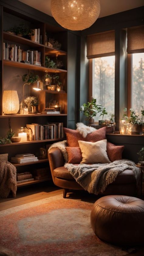 Cozy Home Library, Dark Living Rooms, Deco Studio, Home Library Design, Cozy Reading, Living Room Inspo, A Living Room, Dream House Decor, Front Room