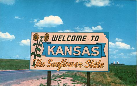 Welcome Sign on Kansas Highway Favorite Cousin, City Sign, State Signs, Wichita Kansas, Postcard Art, Kansas State, The Sunflower, We're Back, Black Eyed Susan