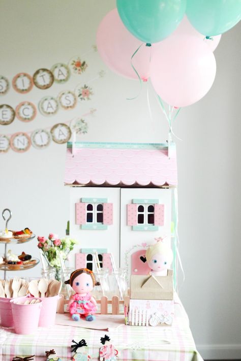 Dollhouse themed birthday party via Kara's Party Ideas KarasPartyIdeas.com Invitation, decor, cake, favors, supplies, and more! (15) Doll House Birthday Party, House Birthday Party, Doll Tea Party, Cake Favors, Mickey Mouse Parties, Third Birthday Party, Decor Cake, Doll Party, Fourth Birthday