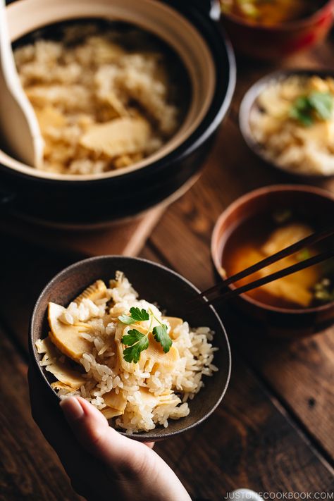 Bamboo Rice (Takenoko Gohan) cooked in a donabe (Japanese clay pot) is a perfect way to welcome spring. Cooked in dashi broth, the savory rice is mixed with sweet, tender and crunchy bamboo shoots. #donabepotrecipe #bambooshootsrecipe #asianricerecipe | Easy Japanese Recipes at JustOneCookbook.com Japanese Rice Dishes, Bamboo Recipe, Bamboo Rice, Deep Fried Tofu, Dashi Broth, Fonio, Savory Rice, Easy Japanese Recipes, Rice Bowls Recipes