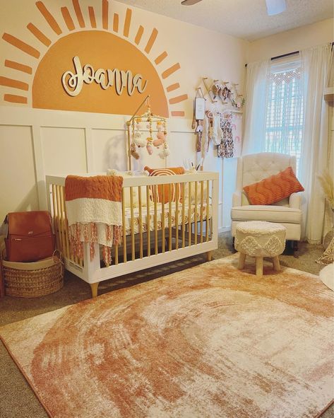 Boho Nursery Board And Batten, Cute Boho Nursery, Terracotta Safari Nursery, Sunny Themed Nursery, Yellow And Brown Nursery, Sunshine Crib Bedding, Boho Sunshine Room, Boho Sunflower Nursery, Golden Yellow Nursery