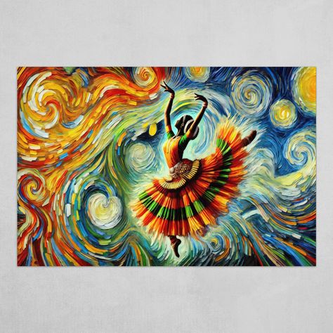 This painting is inspired by the dynamic movements and elegance of Kuchipudi dance, an Indian classical dance form. I chose Van Gogh's style to bring a sense of swirling energy and depth to the composition, using thick brushstrokes and bold colors. The dancer’s mid-leap moment captures the harmony between traditional art and contemporary expression, blending the fluidity of dance with the intensity of a textured canvas. Kuchipudi Dance, Portrait Fine Art, Indian Classical Dance, Classical Dance, The Dancer, Textured Canvas, Traditional Art, Brush Strokes, Bold Colors