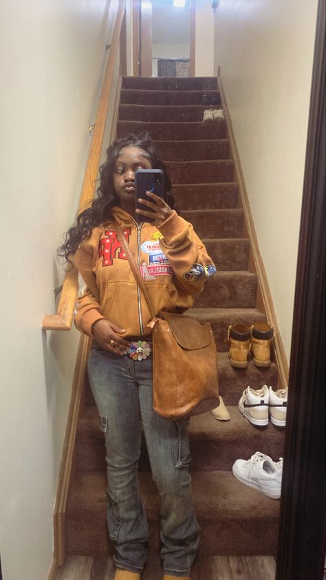 #timbs #fashion #inspo  #blackgirl Black Sweatpants Outfit Timbs, Beef And Broccoli Timberlands Outfits Women, Supreme Forces Outfit, Outfit Ideas Timberland Boots, Woman Timberland Boots Outfit, Timbs Outfits Women Fall, Tim Boots Women Outfit, Skirt And Timbs Outfit, Balenciaga Croc Boots Outfit