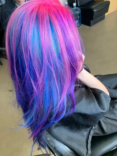 Purple With Pink Hair, Blue And Pink Hair Curly, Pretty Hair Dye Colors, Vivid Hair Color Short Bobs, Blue And Pink Hair Color, Pink And Blue Hair Dye Ideas, Pink Hair With Blue Streaks, Hot Pink And Blue Hair, Pink And Blue Hair Highlights