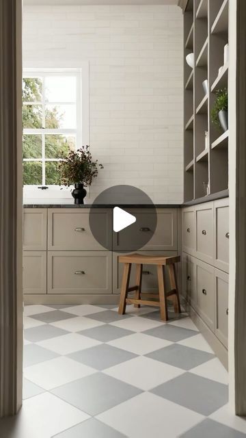 Edward Martin on Instagram: "These checkered floor tiles are the secret ingredient to making your pantry the cutest room in the house.   Featuring: - Floor: Palmer 12x12 Matte Porcelain Tile in Grey & White - Walls: Chantel 3x12 Matte Porcelain Tile in Dolomite  #interiordesign #checkered #checkeredfloor #tile #kitchen #interiors #design #housegoals #kitchendesign" Grey And White Checkered Floor, Checkered Floor Tiles, Checkered Floor Kitchen, Laundry Room Tile, Checkered Floor, Matte Porcelain Tile, Kitchen Interiors, Tile Kitchen, Interiors Design