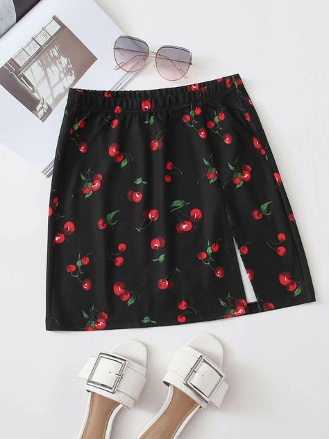 Korean Outfits Ideas, Cherry Skirt, Cute Sweatpants Outfit, Split Hem Skirt, Cute Sweatpants, Anime Dress, Crop Top Outfits, Cherry Print, Hem Skirt