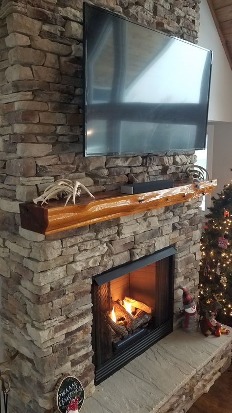 Fireplace Live Edge Mantle, Fireplace With Live Edge Mantle, Cedar Mantle, Live Edge Mantle, Cedar Mantle Fireplace, Live Edge Mantel Ideas, Mantle With Tv, Rustic Mantle, Fireplace Redo