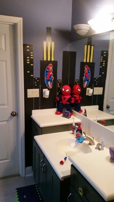 Spiderman Bathroom Decor, Spider Man Bathroom Ideas, Spiderman Bathroom Ideas, Spider Man Bathroom, Marvel Bathroom Ideas, Boy Bathroom Ideas Kid, Man Bathroom Ideas, Spiderman Bathroom, Marvel Bathroom