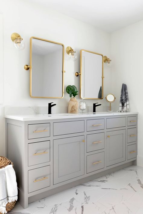 Sharing tips and tricks to selecting plumbing fixtures for your next renovation. Jkath Design, House Plumbing, Black Floor Tiles, Shower Floor Tile, Gold Fixtures, Floor Plan Layout, Gold Bathroom, Contemporary Farmhouse, Grey Bathrooms