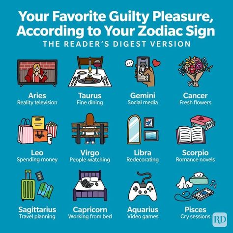 From dessert menus and doomscrolling to debating reality TV, here's how your zodiac indulges in guilty pleasures. The post Your Favorite Guilty Pleasure, According to Your Zodiac Sign appeared first on Reader's Digest. Compass App, Reading Romance Novels, Leo Love, Body Stretch, Readers Digest, Best Dramas, Leo And Virgo, Sagittarius And Capricorn, Virgo And Libra