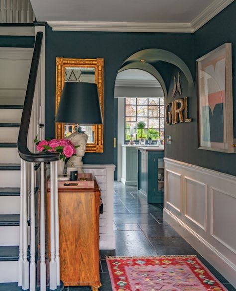 Want a full tour? Tap the link in bio! 😘 | Instagram Blue Entryway Ideas, Liz Caan, Entryway Interior, Blue Entryway, Eclectic Entryway, Black Wainscoting, Entryway Inspiration, Home Design Diy, Teal Walls