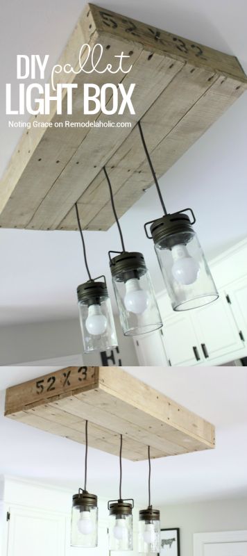 Give your kitchen lighting some rustic style with this simple DIY pallet wood light box. Combined with a mason jar style pendant light fixture, it's the perfect farmhouse lighting! Tutorial from Noting Grace on Remodelaholic.com Rustic Lighting Diy, Diy Light Box, Pallet Light, Diy Kitchen Lighting, Rustic Kitchen Lighting, Diy Home Decor For Apartments, Farmhouse Style Lighting, Wood Light Fixture, Rustic Light